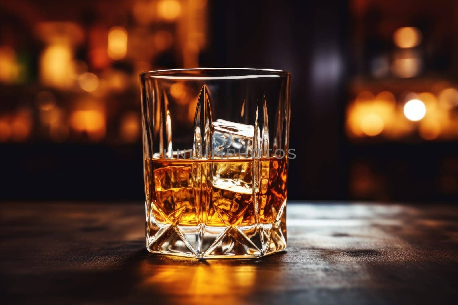 Close up photograph of glass of whiskey.