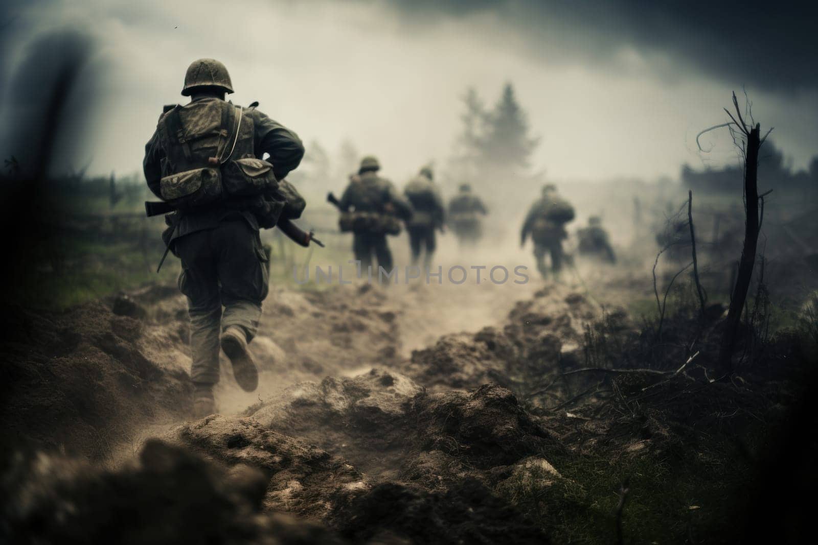 Soldiers on the battlefield in war, AI Generative.