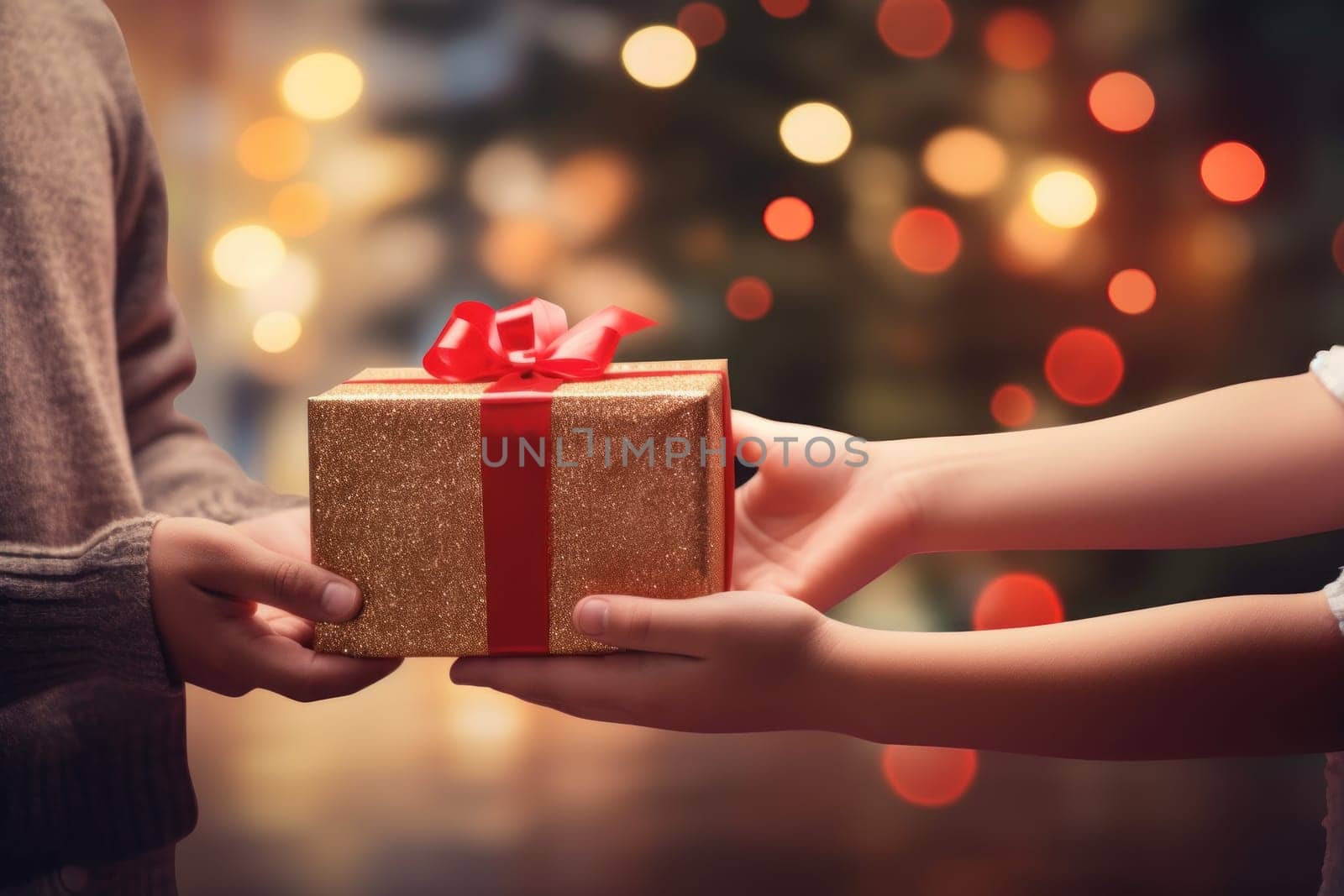 Hands of parent giving Christmas gift on Christmas tree background.