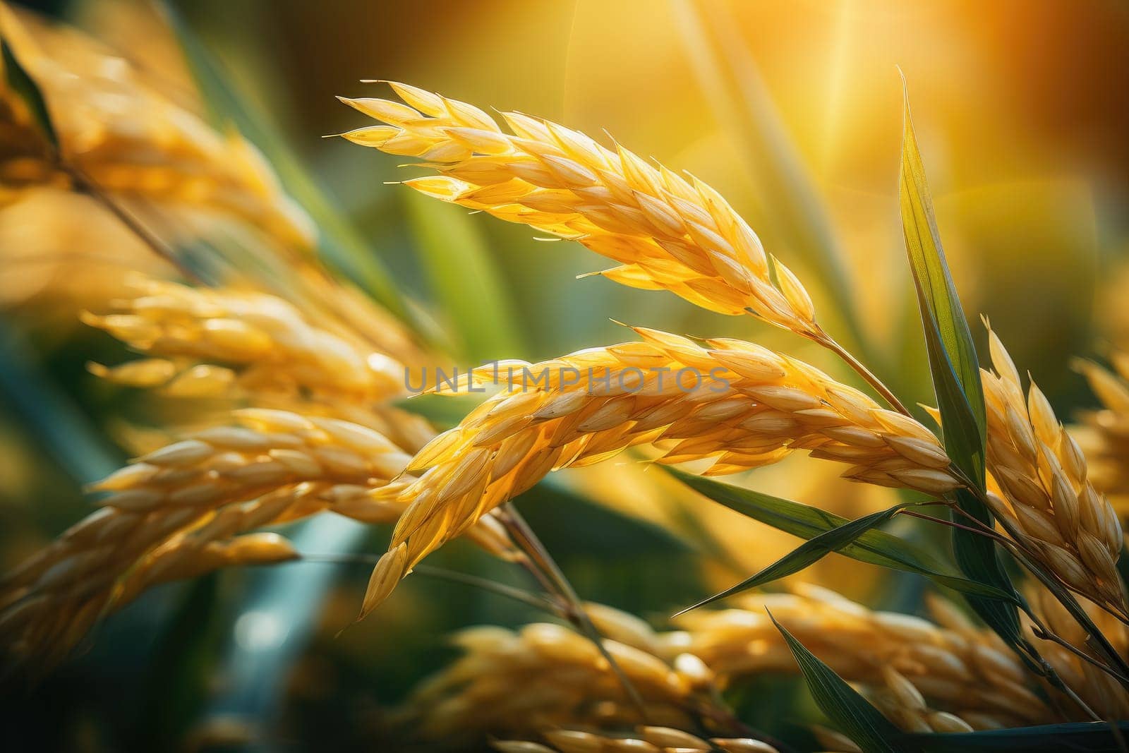 Ear of rice, Rice field, Closeup of yellow paddy rice field with green leaf and Sunlight in the morning time..
