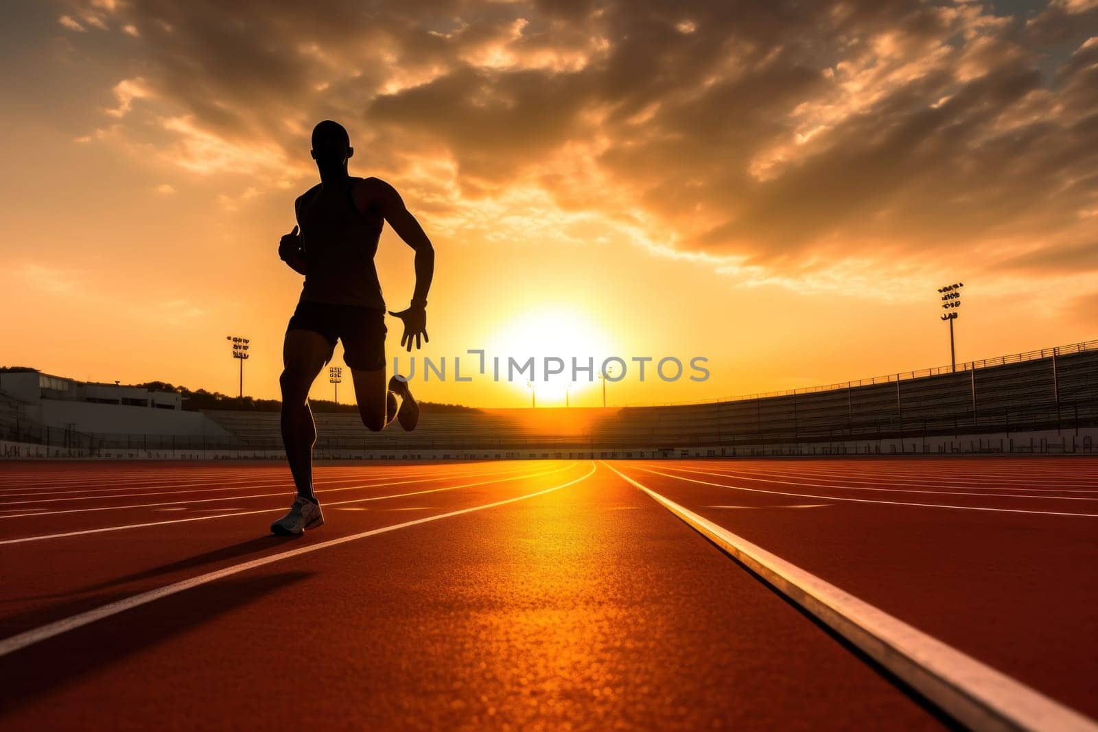 photo of a silhouette athlete person running on the track. Generative AI.