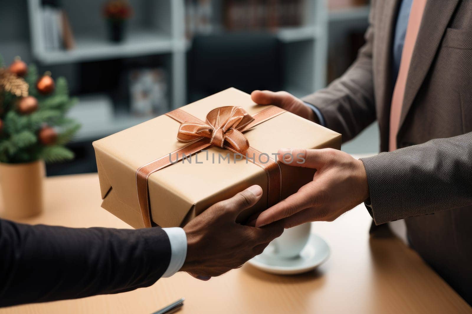Close up view of hands Giving a business gift in an office AI Generative.