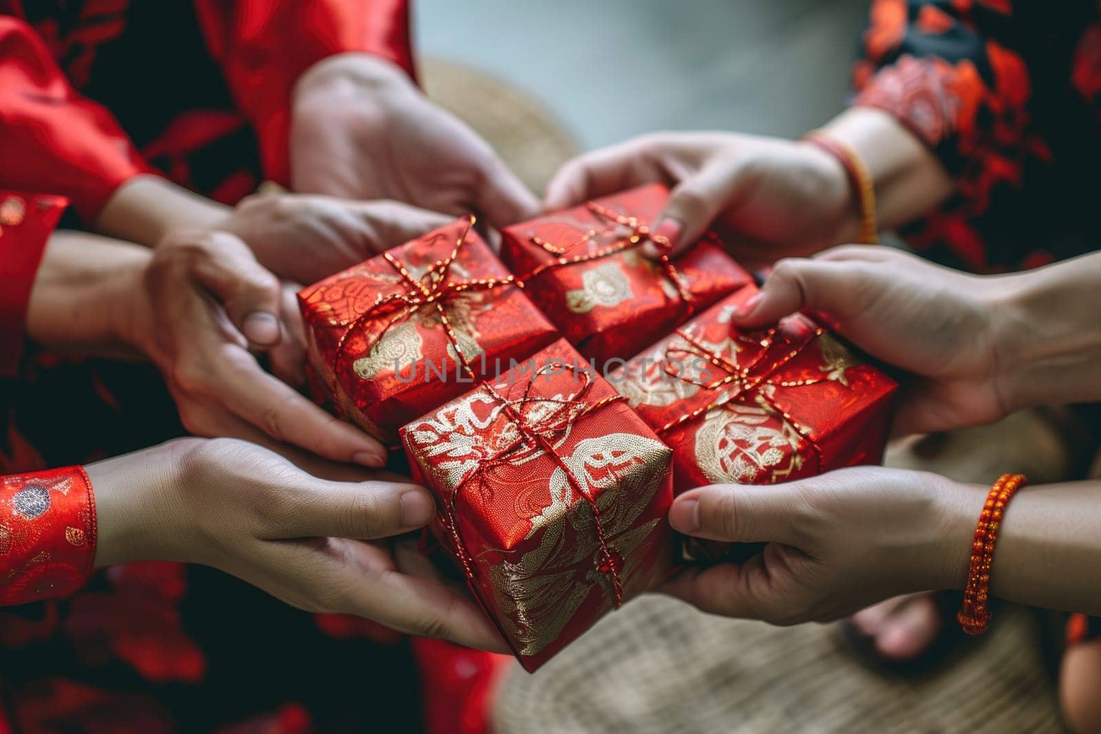 Chinese new year celebration, Cropped shot of hand receiving red envelopes from their parent.