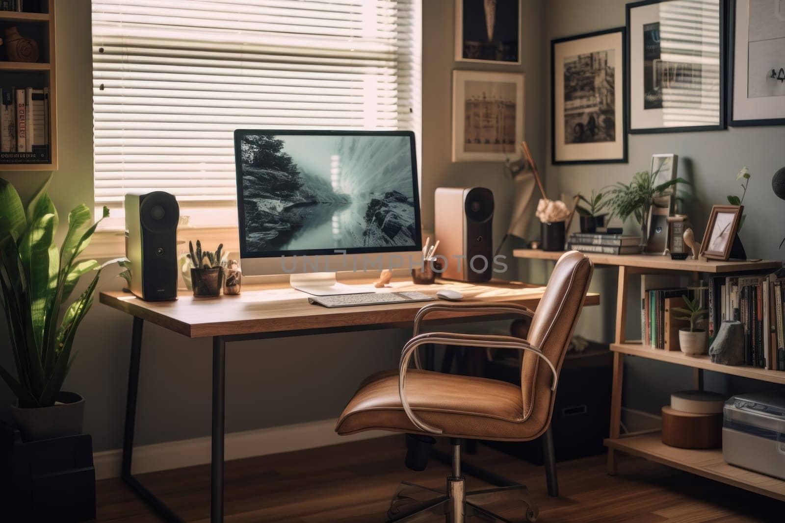 A modern work space desk with a computer Generative AI.