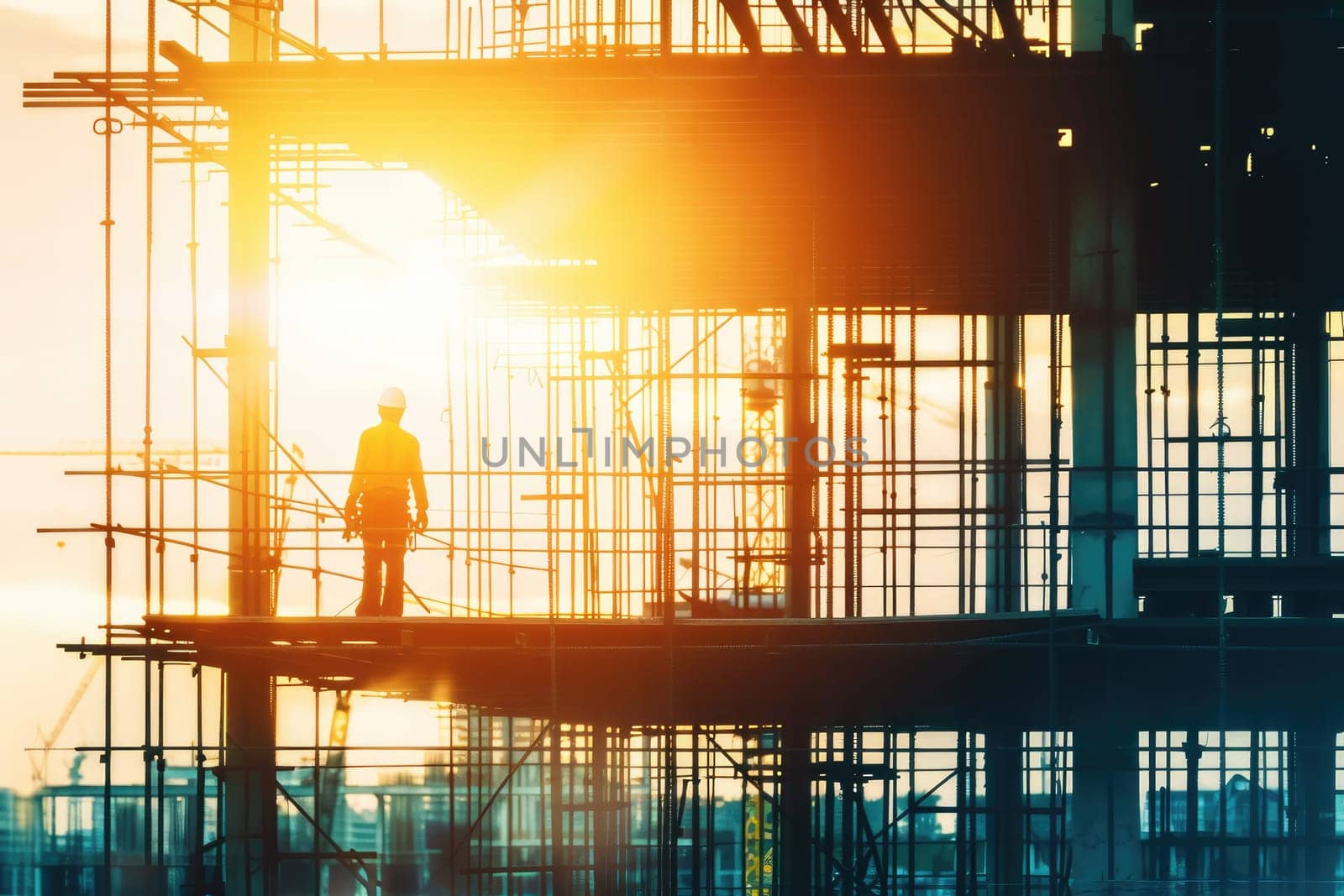 Silhouette of construction workers on the construction site at sunset.