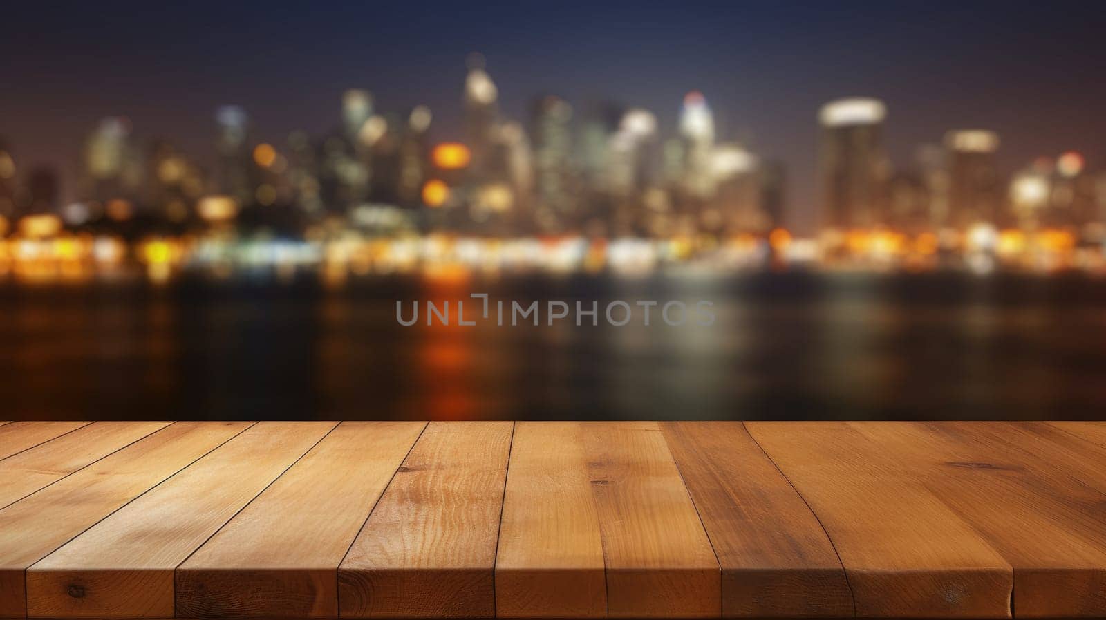 Blank wood tabletop with blurred night city skyline and river, showcase, nightlife, AI Generative.