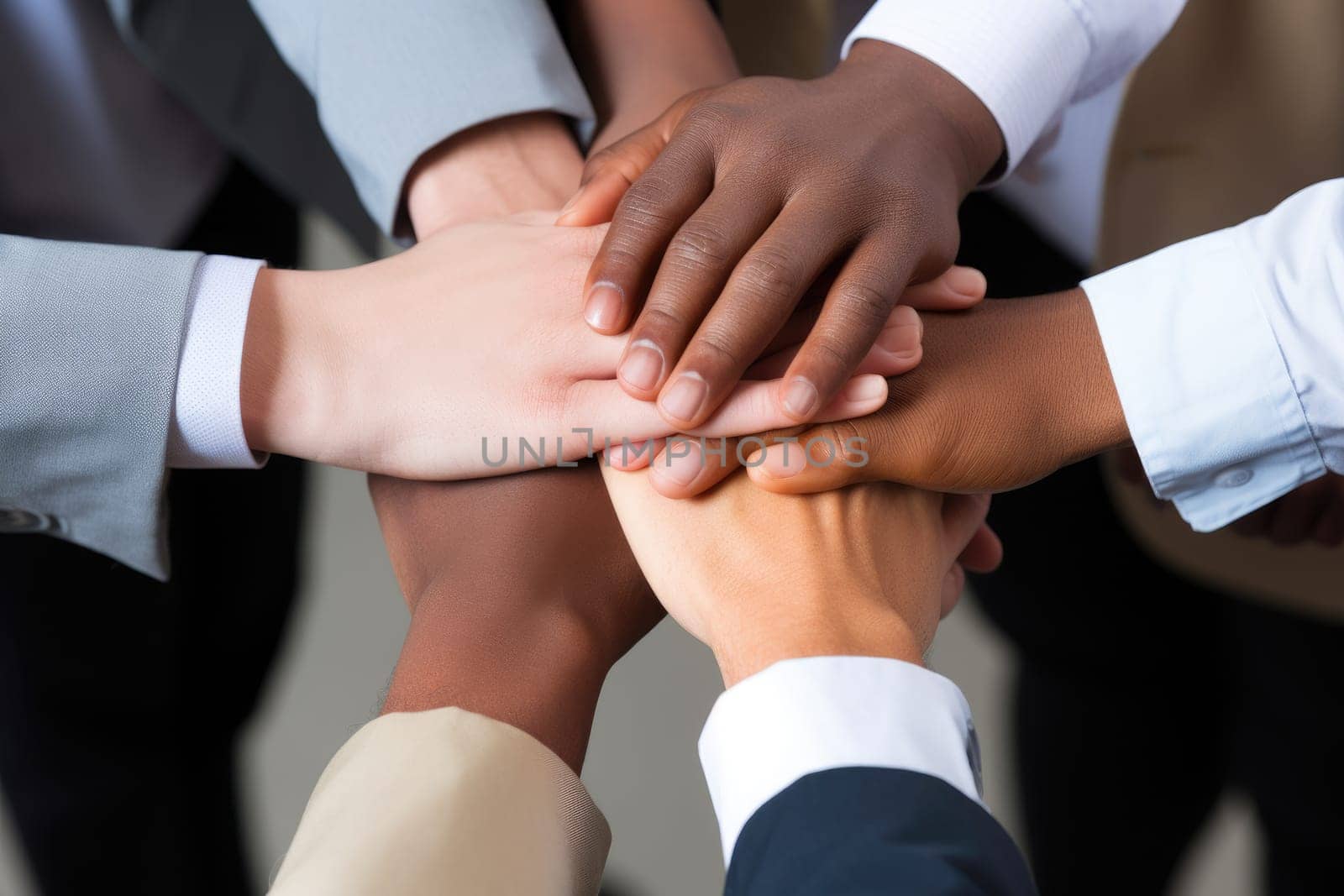 Multiracial business team putting hands on top of each other AI Generative.