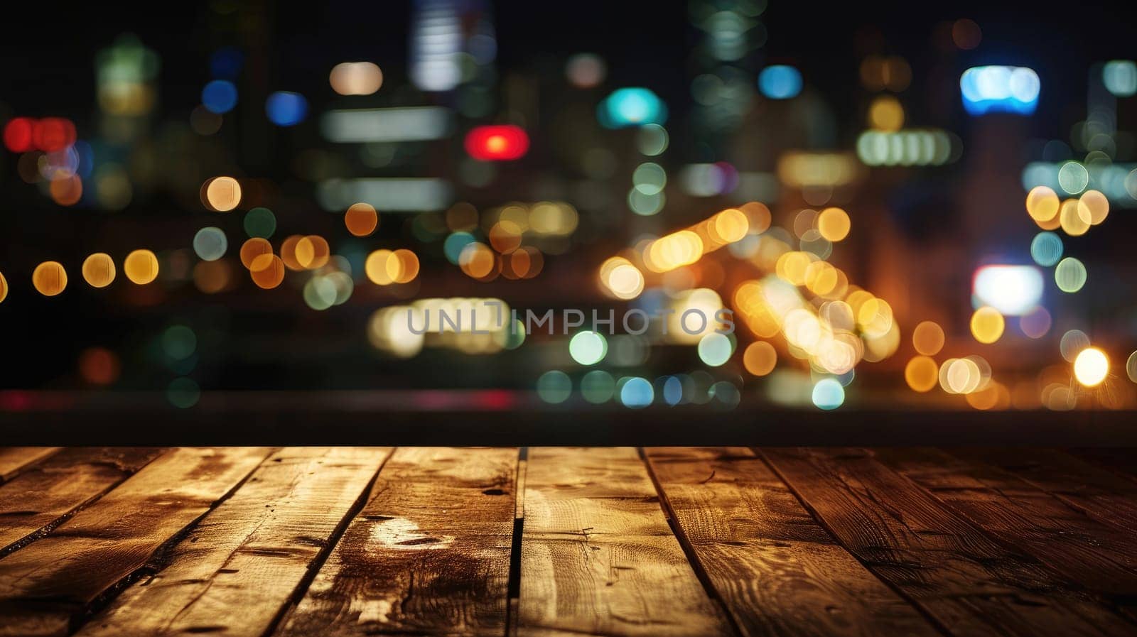Blank wood tabletop with blurred night city skyline and river, showcase, nightlife,.