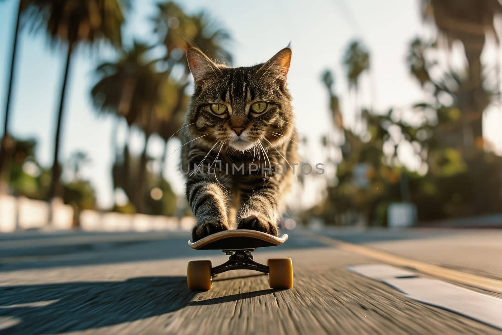 Skateboarding cat. Funny cat rides skateboard on the street in summer city.
