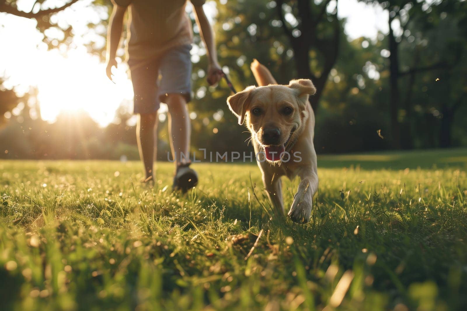 A friendly Dog happily plays fetch with its owner in a lush green park, friendship with animals by nijieimu