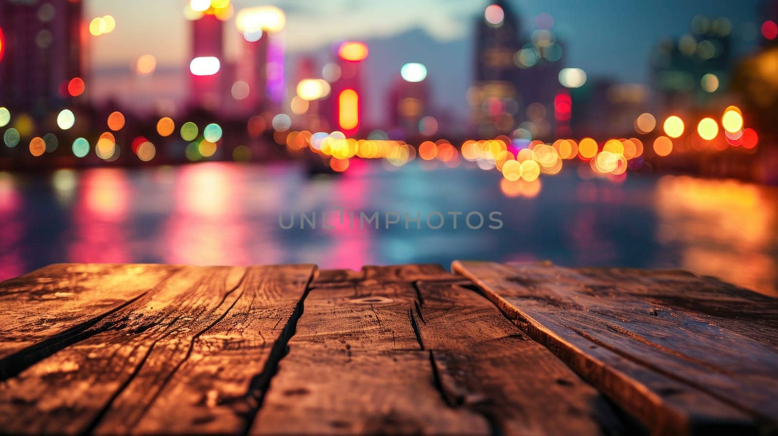 Blank wood tabletop with blurred night city skyline and river, showcase, nightlife,.