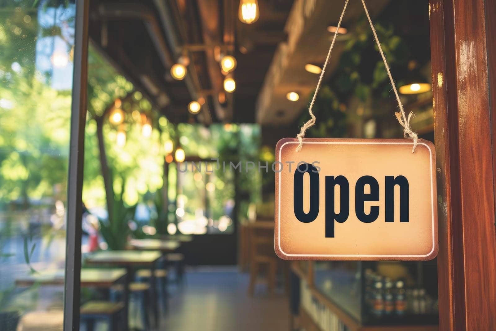 OPEN Sign board on cafe or restaurant hang on door at entrance, Vintage color tone style..