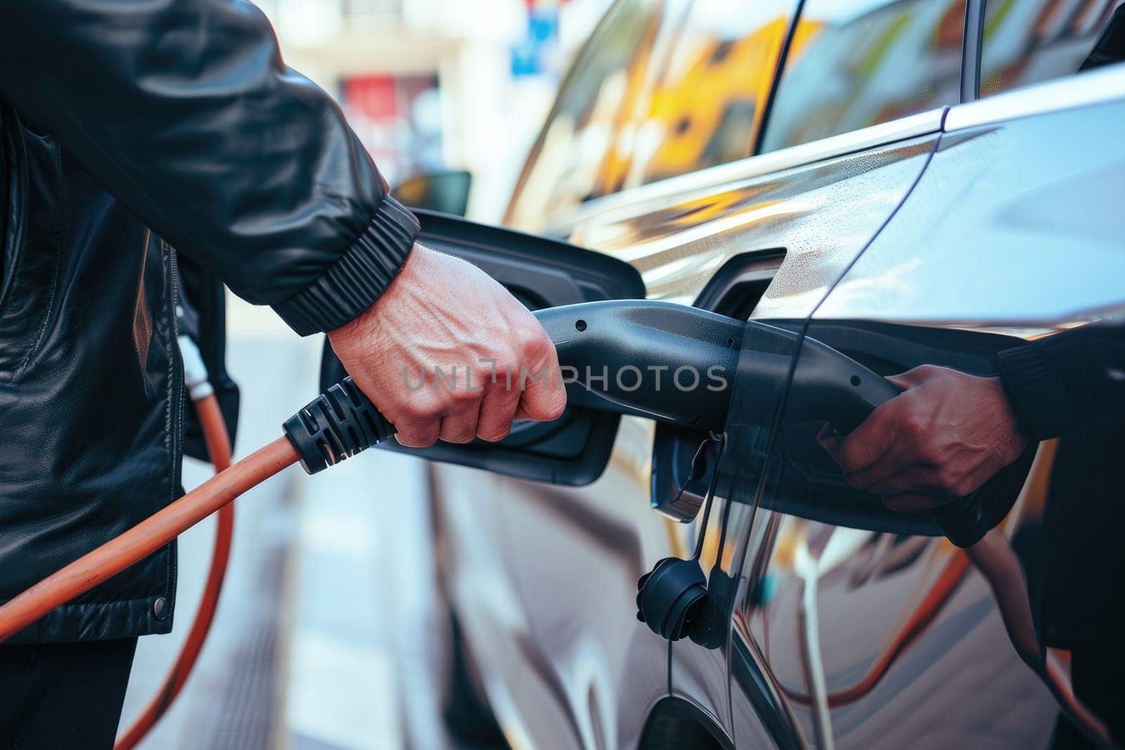 Electric car or EV is charging, Hand inserting EV charging plug to electric vehicle.