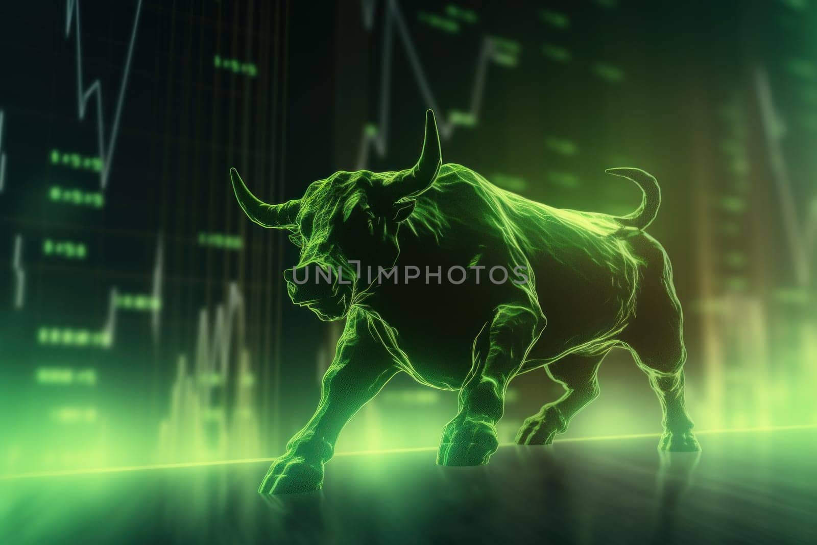 Double exposure of a silhouette bull run and uptrend chart, the bull market is rising.