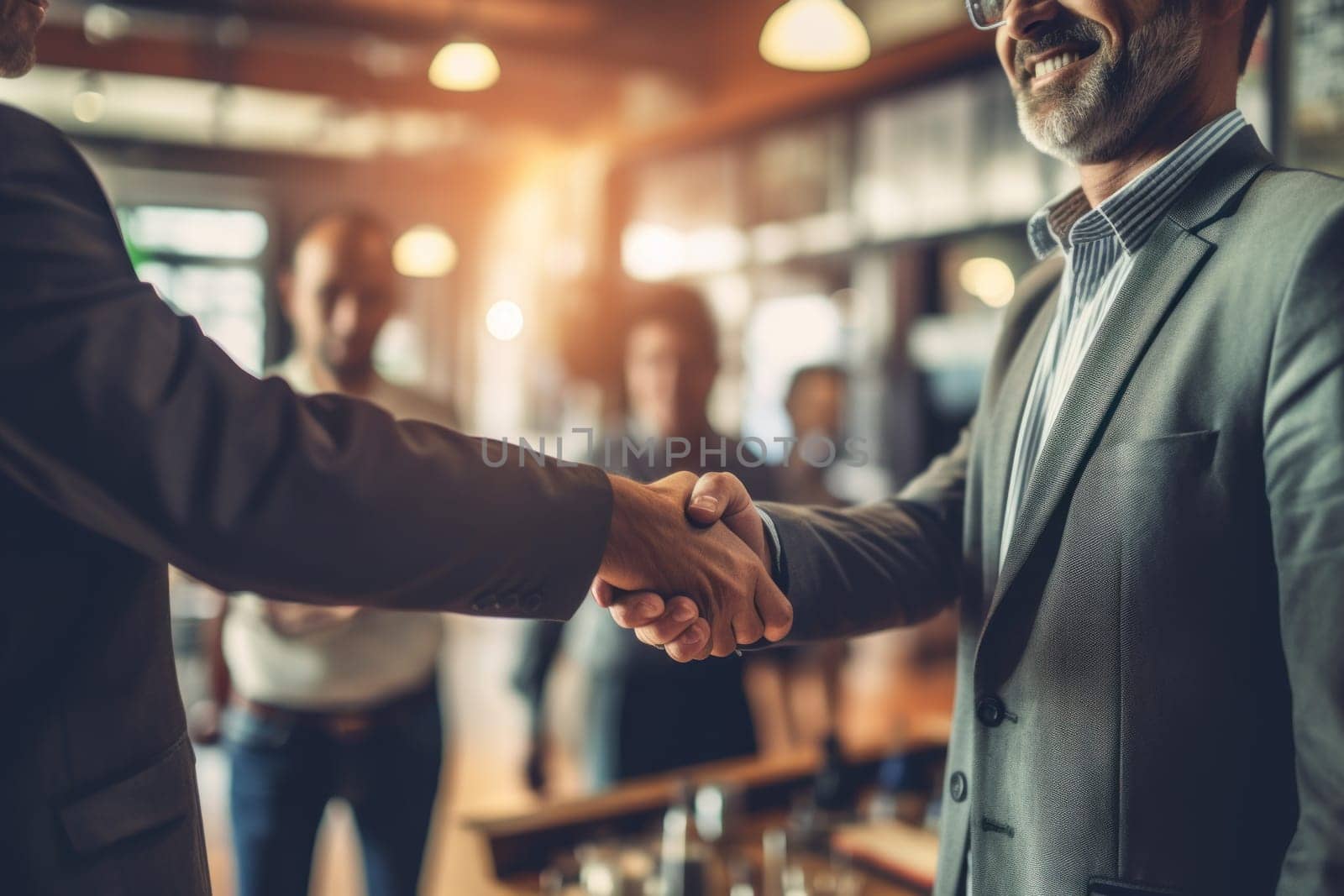 Photo of Businessman shaking hands in workroom.