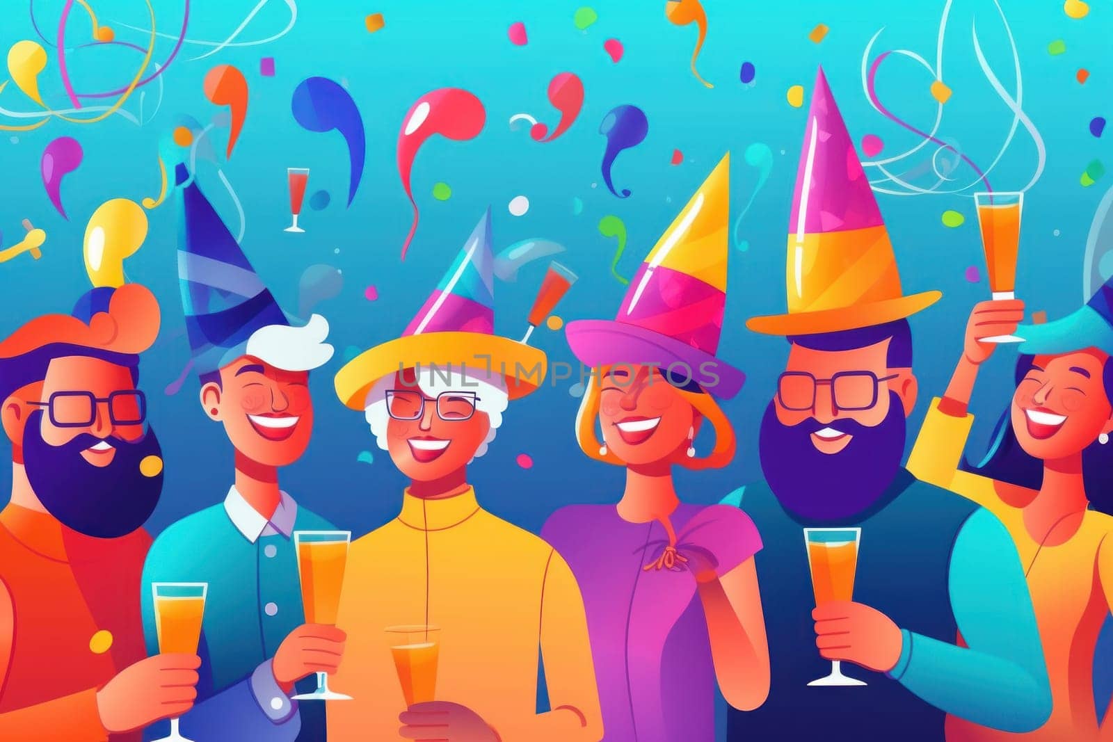 a diverse people wearing colorful party hats Celebrate new year party, illustration.