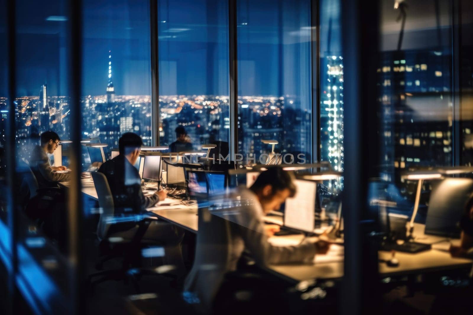 Blurred office interior space background with people working and meeting on desk, Business concept..