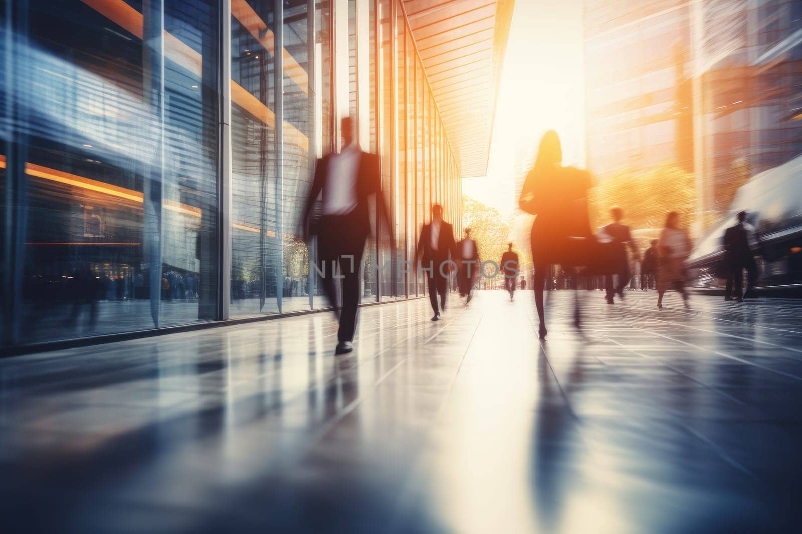 Blurred image of an office hallway with many business people walking in opposite directions.