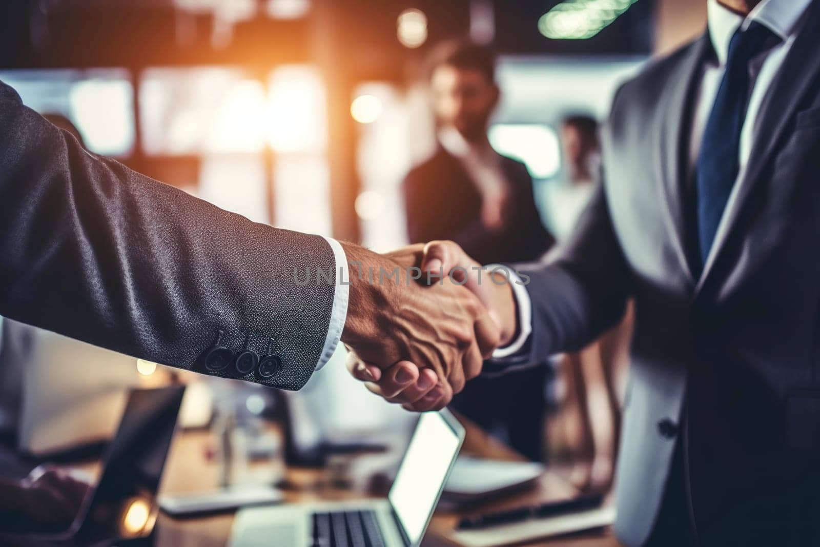 Photo of Businessman shaking hands in workroom.