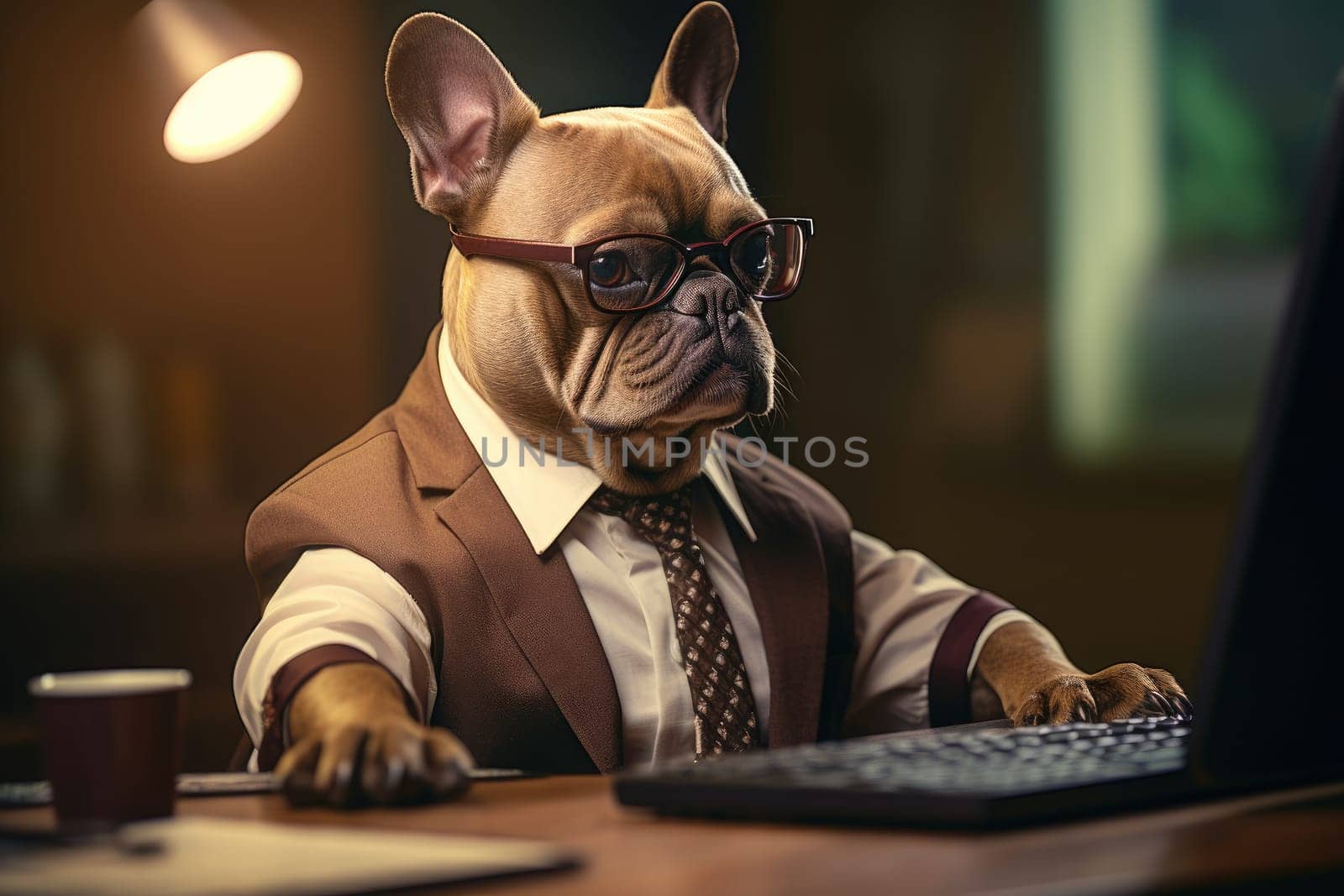 dog in a suit and tie works in the office, animal theme, AI Generative.