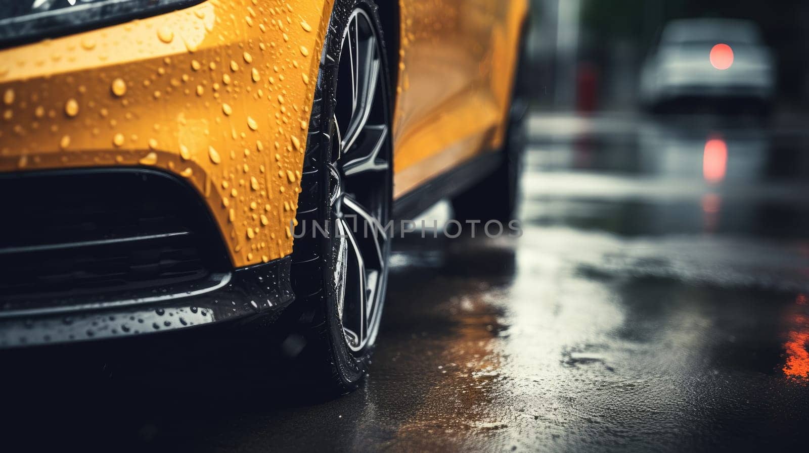 Car wet, A car in the rain the focus is on the tires, Close-up of car tires on wet, AI Generative.