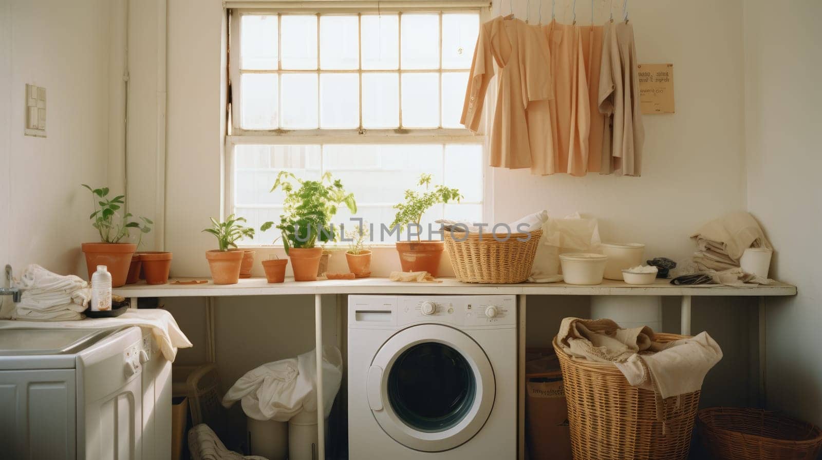Messy Laundry room, minimal style with sunlight, AI Generative.