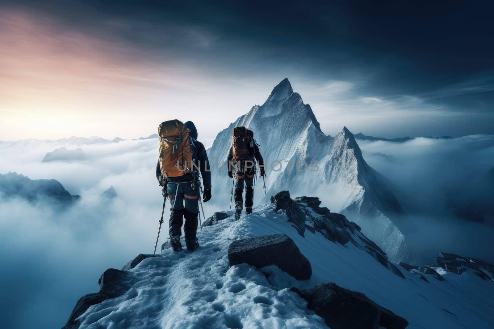 Snowy foggy mountain climbers, 2 climbers climb to the top of snowy mountain, hiking, AI Generative.