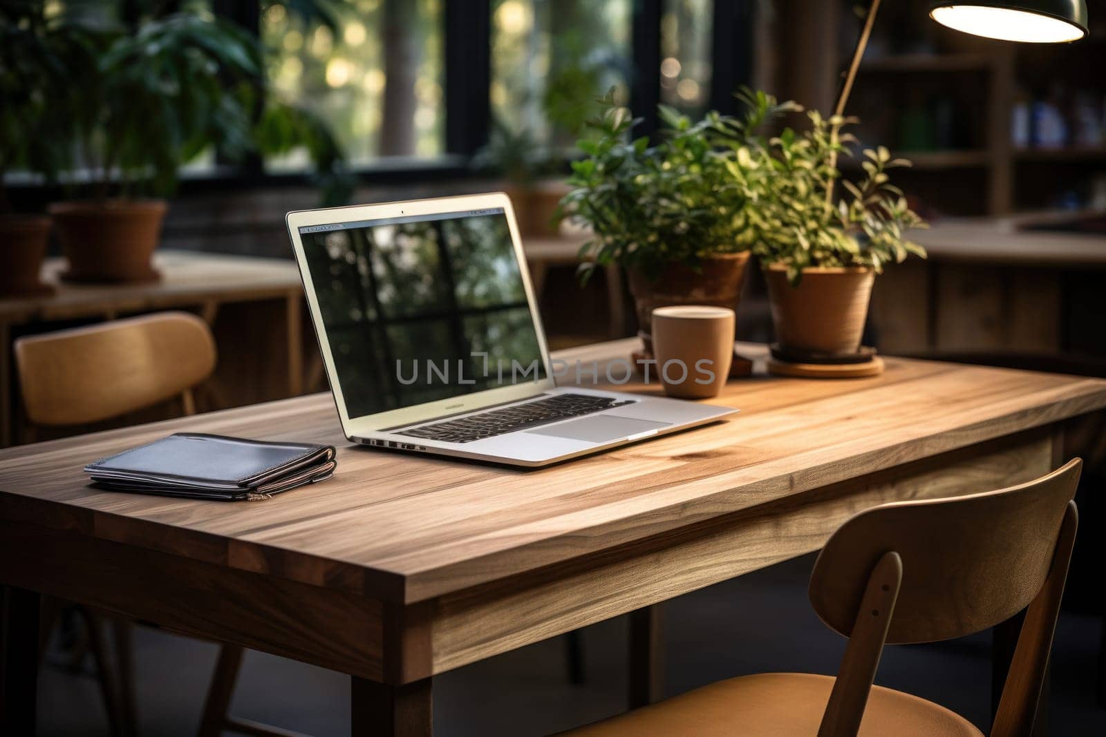 A closed laptop on a wooden desk in modern coffee cafe.