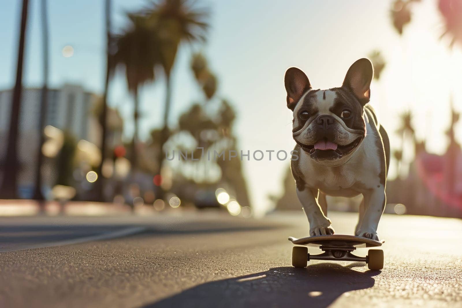 Skateboarding dog. Funny dog rides skateboard on the street in summer city.