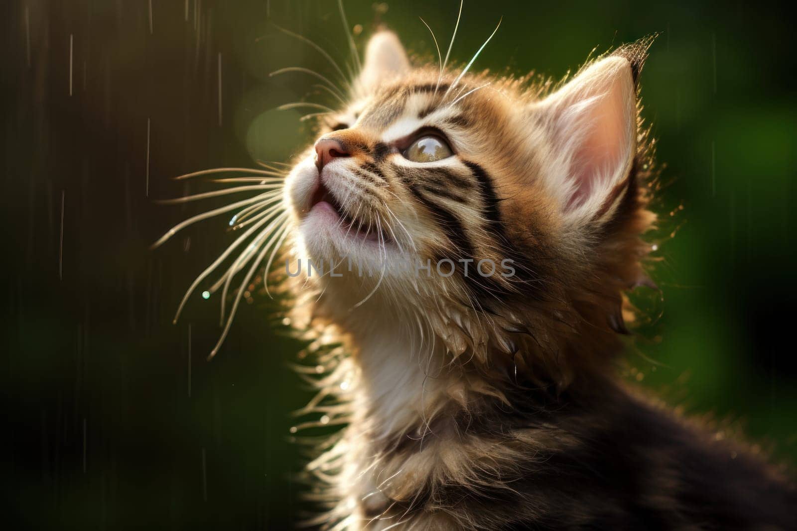 A kitten with floppy ears trying to catch the raindrops with its tongue.