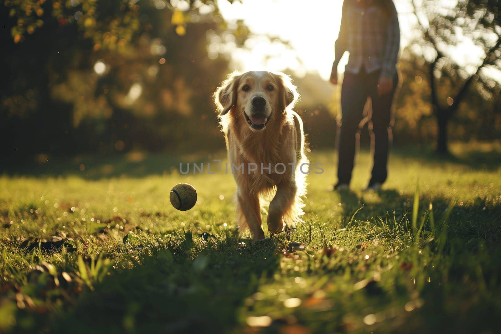 A friendly Dog happily plays fetch with its owner in a lush green park, friendship with animals.