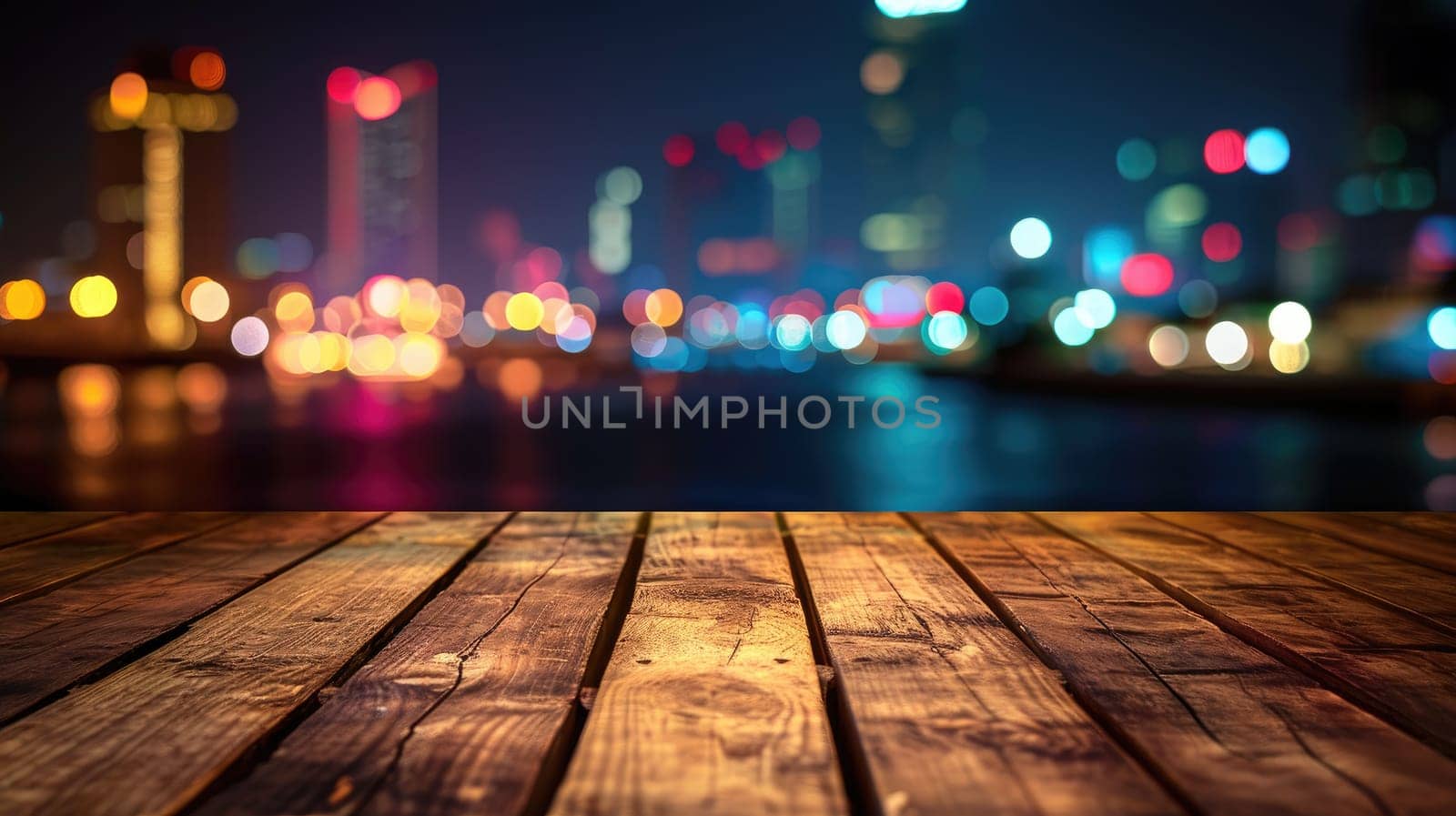 Blank wood tabletop with blurred night city skyline and river, showcase, nightlife,.