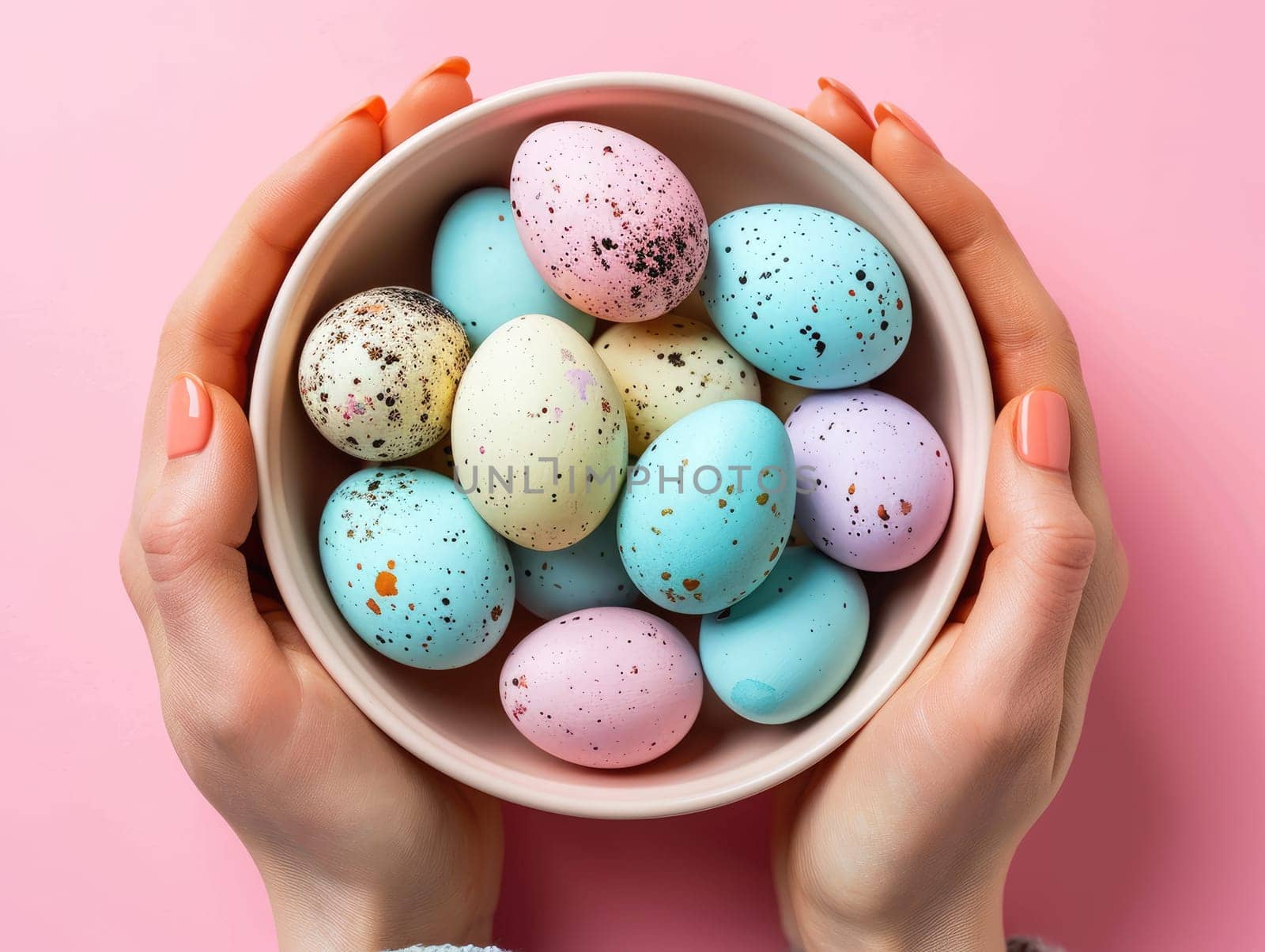 Girl holds bowl of Easter eggs, isolated, Happy Easter, Easter Day celebration.