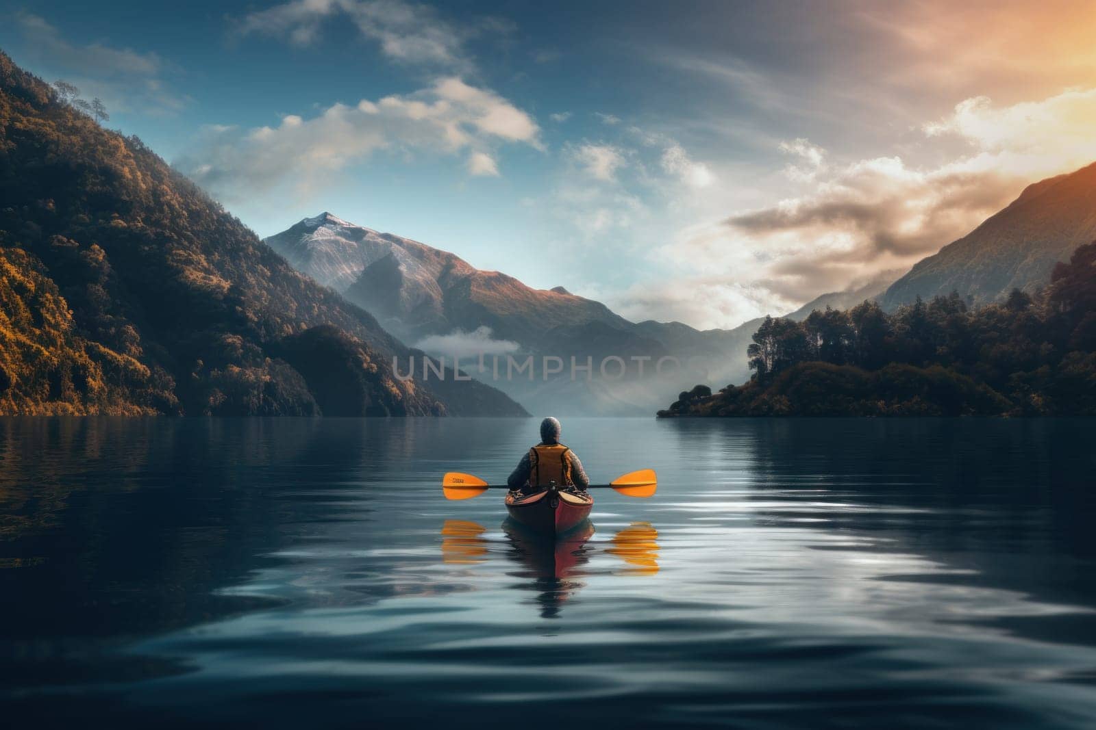 Rear view of woman riding kayak in stream with background of beautiful landscape.