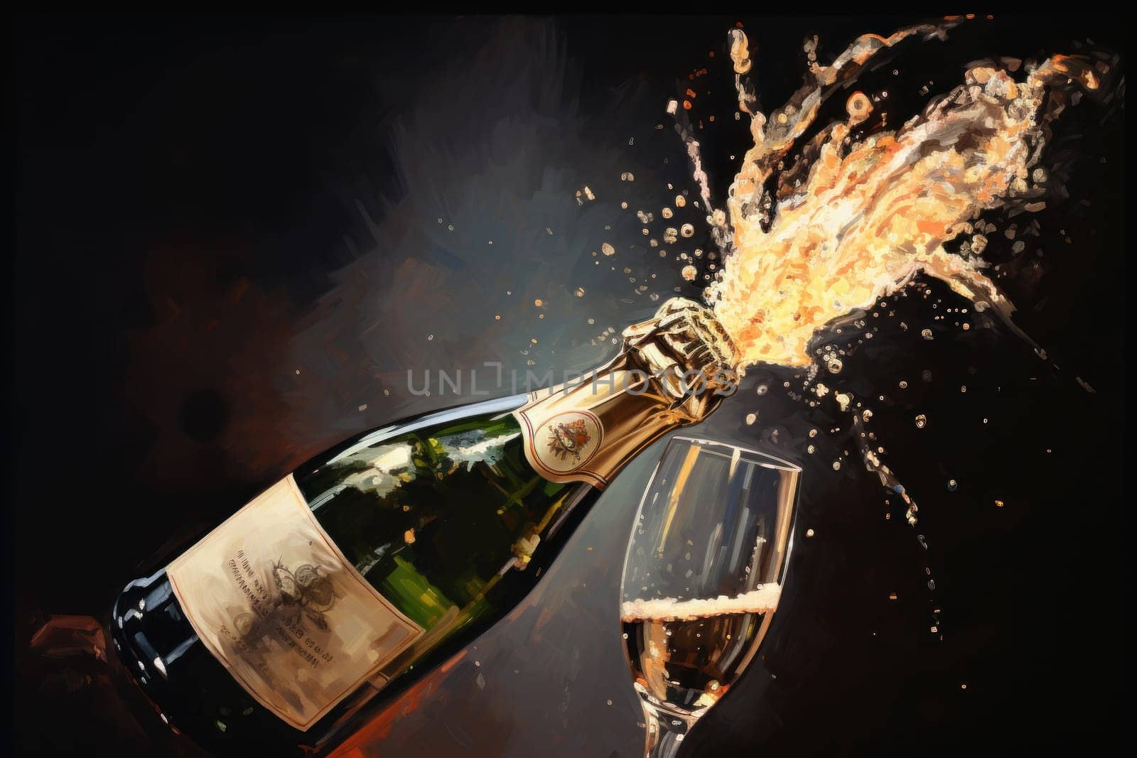 Champagne bottle and wine glass illustration.