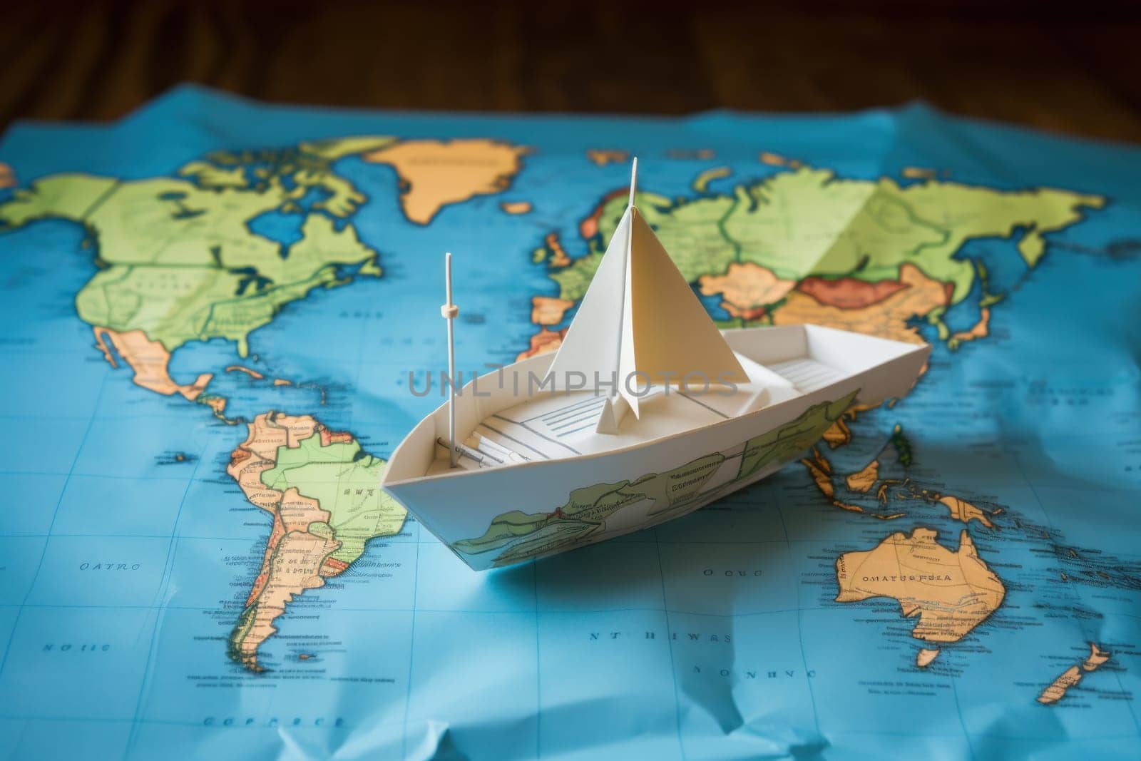 Paper boat on the world map paper, travel concept.