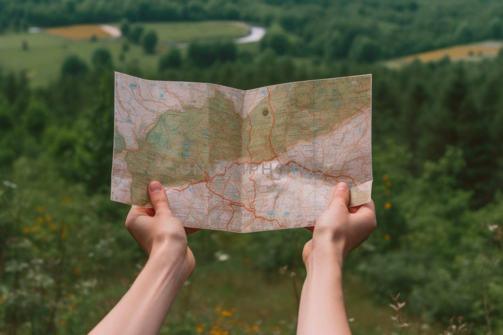 hand holding travel map, natural background, travel concept.