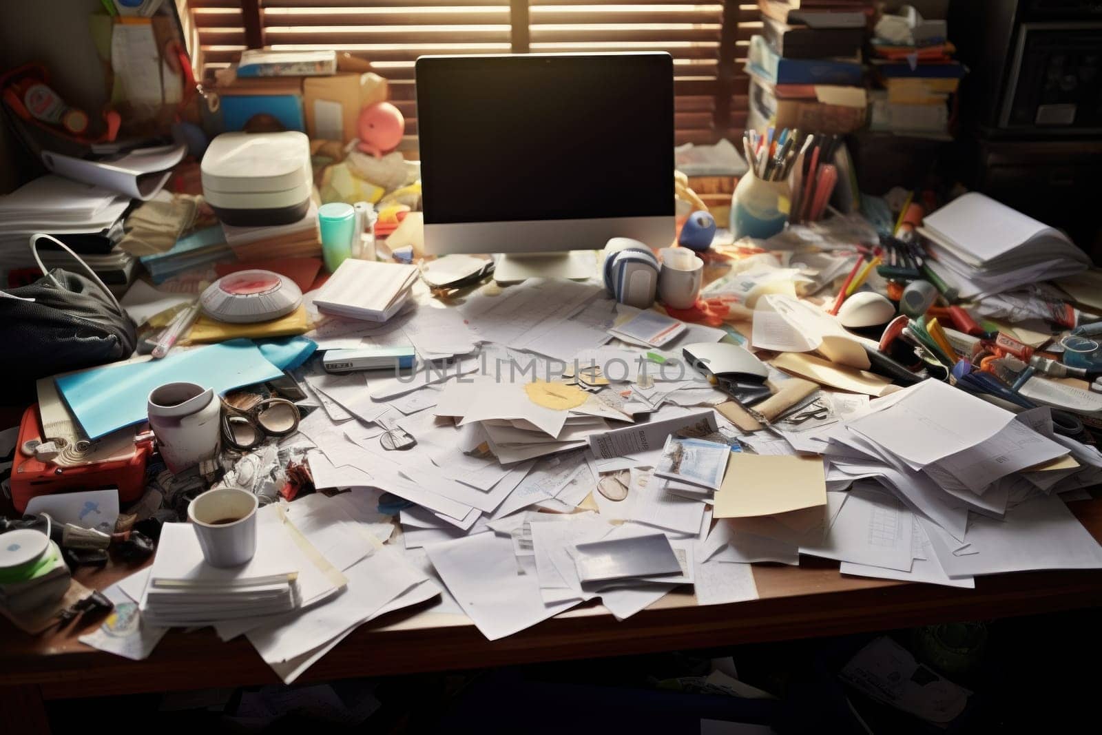 Photo of Messy work desk ,Messy and cluttered desk.