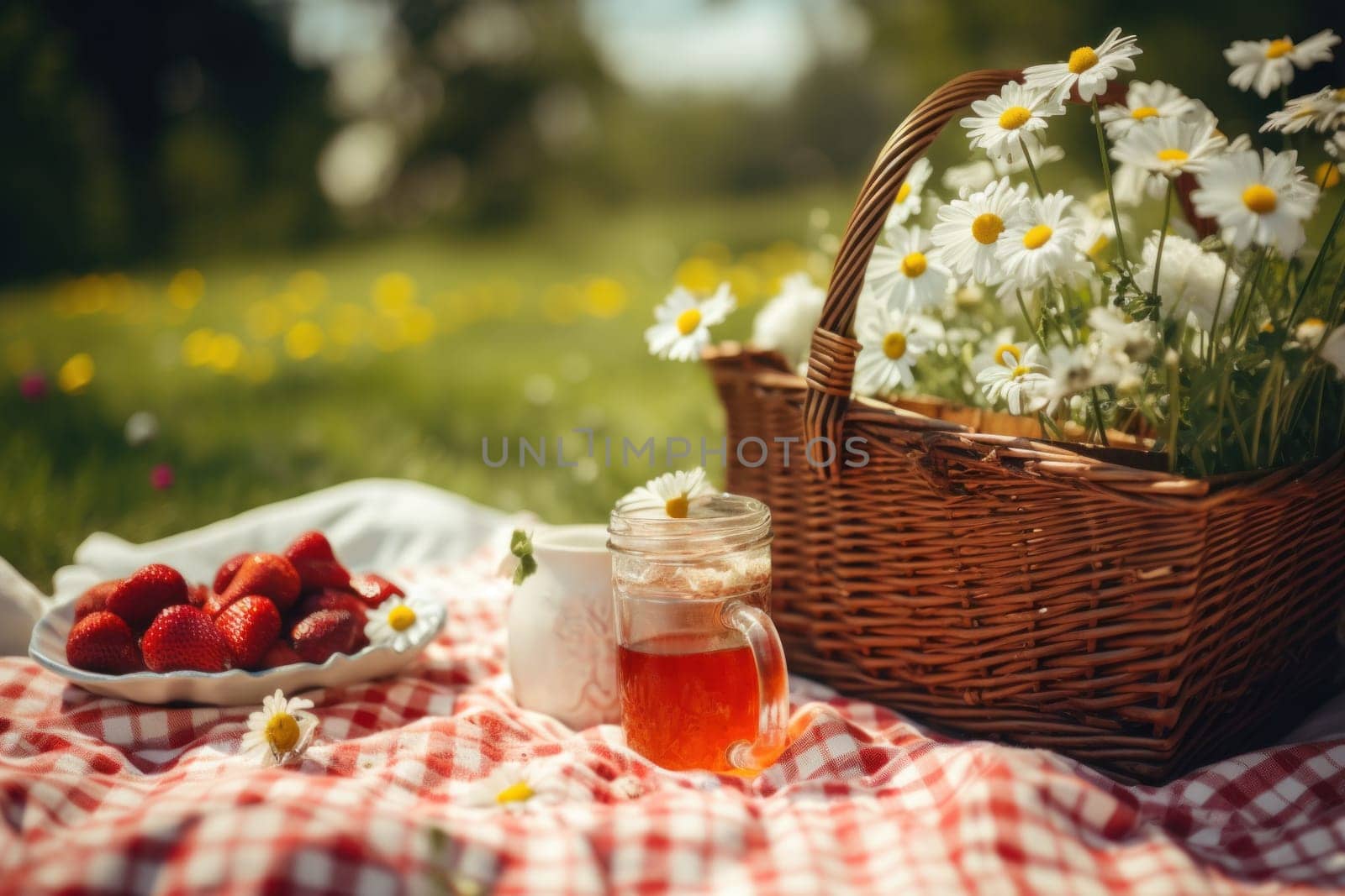 Photo of Picnic set with flowers in the garden countryside.