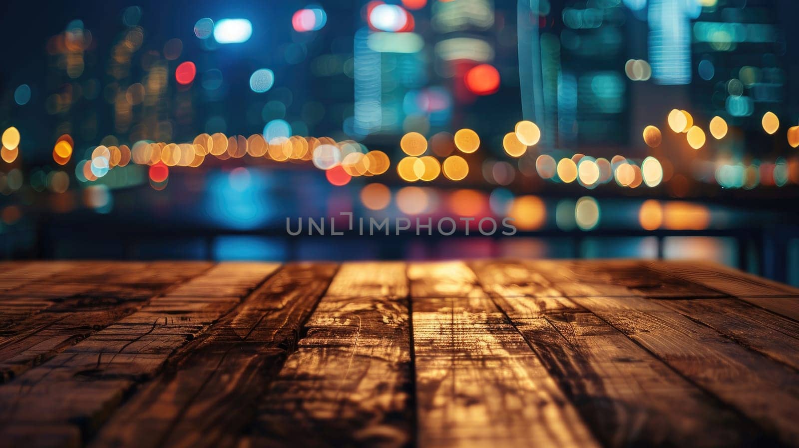 Blank wood tabletop with blurred night city skyline and river, showcase, nightlife,.