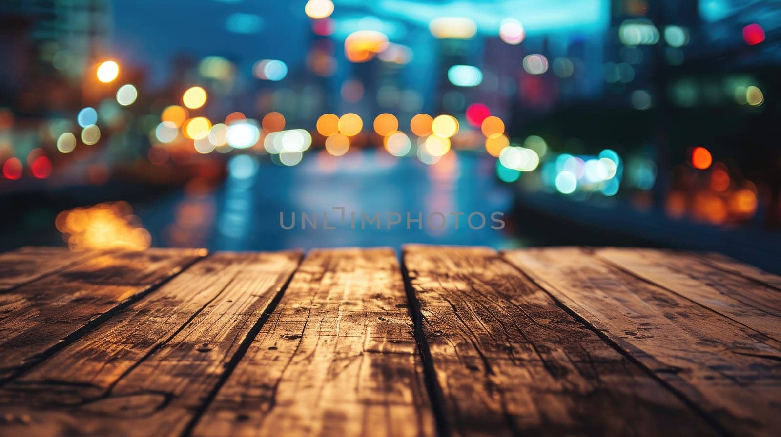 Blank wood tabletop with blurred night city skyline and river, showcase, nightlife,.