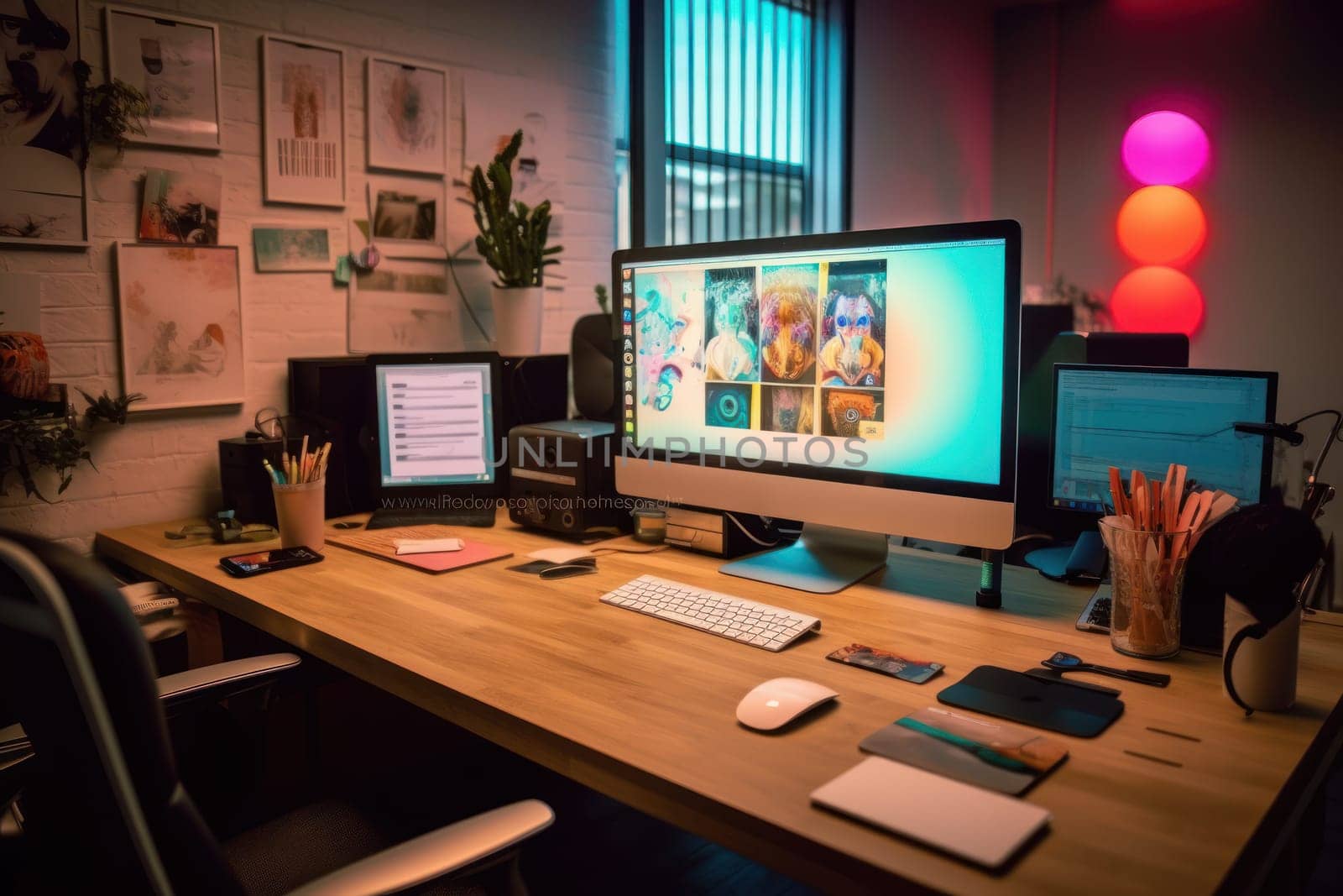 A designer's desk with a computer, designer's working table.