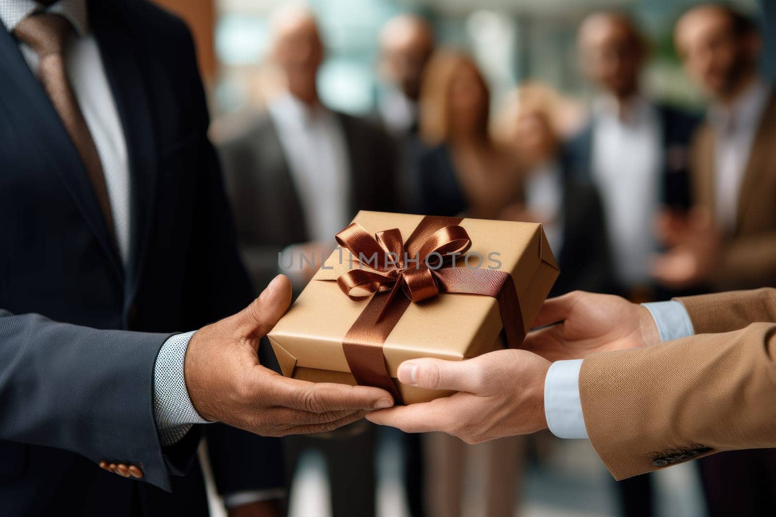 Close up view of hands Giving a business gift in an office AI Generative.