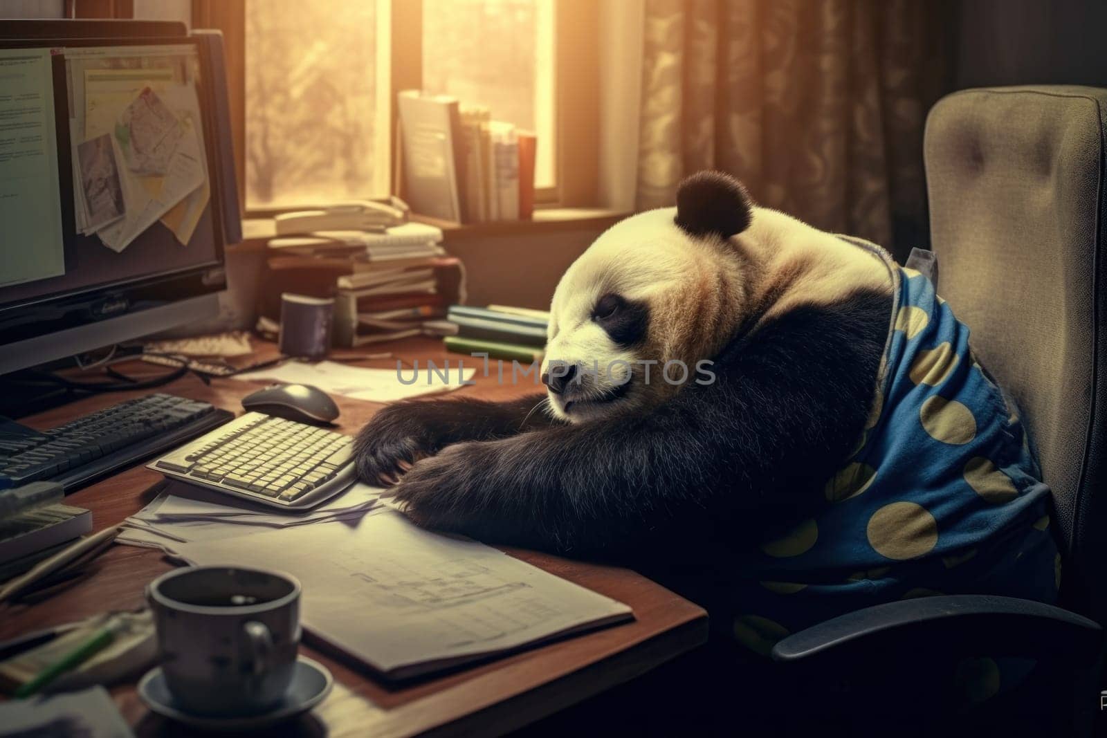 Photo Panda being lazy in the office, Generative AI.