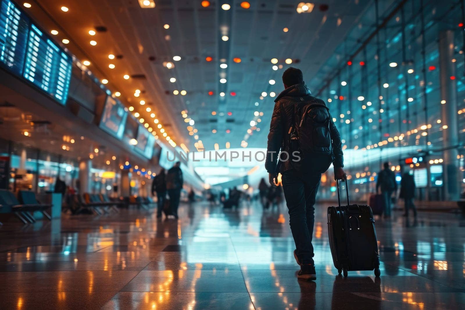 Traveling by airplane. Man walking with backpack and suitcase walking through airport terminal.