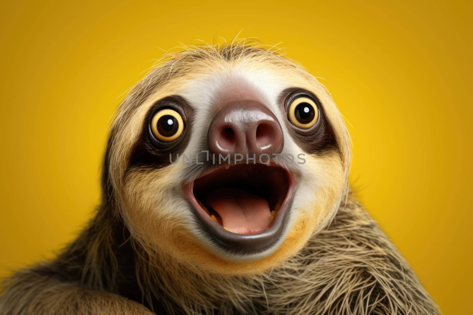 Funny surprised sloth studio shot isolated bright color background.