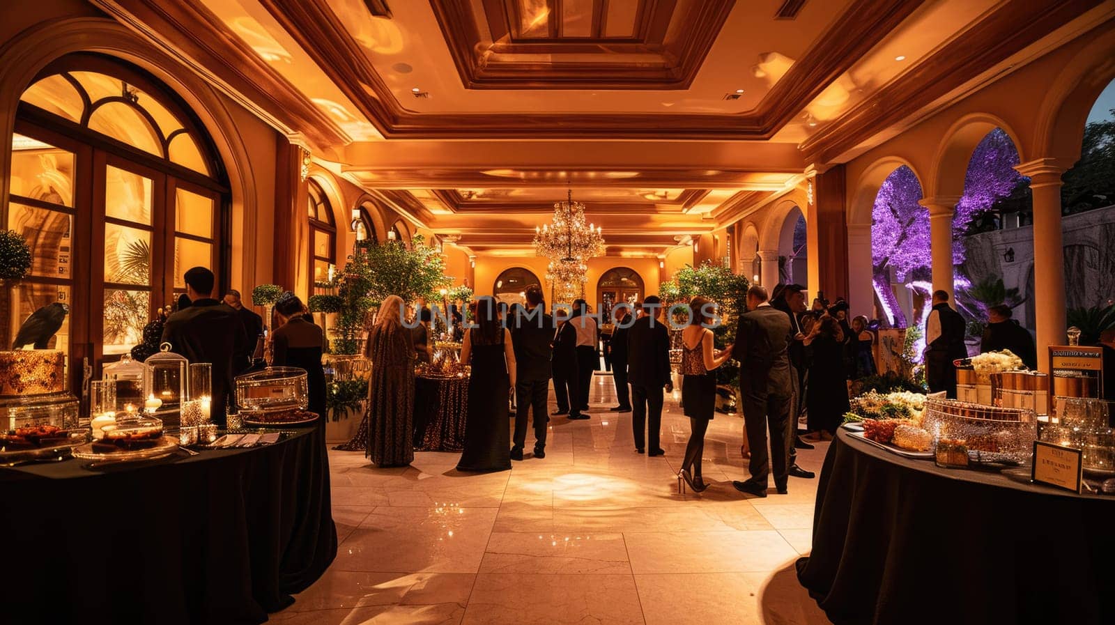 An elegant evening event, people in formal attire, beautifully decorated venue, capturing the essence of a sophisticated gathering. Resplendent.