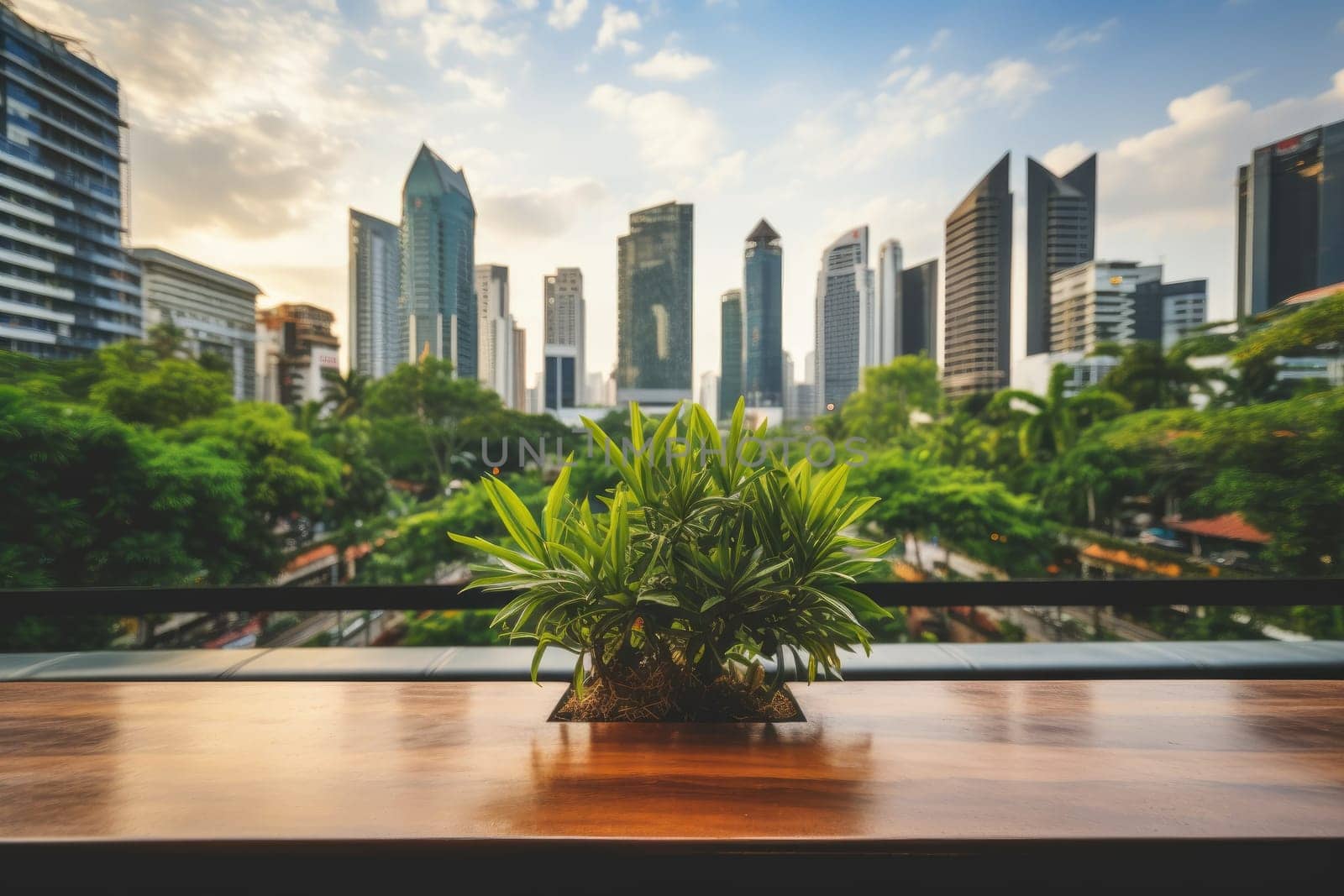 Beautiful table top and blurred defocused high angle view of buildings and city background.