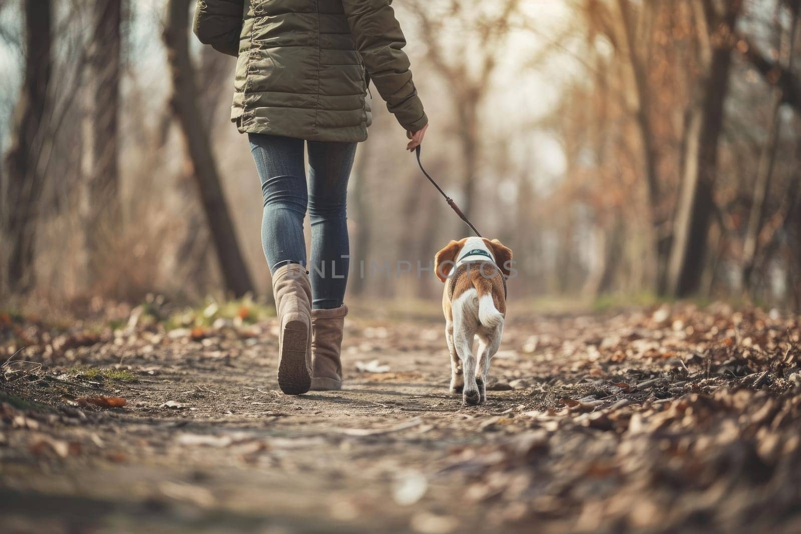 Rare view of a dog walks in the park with female owner leading the leash. by nijieimu