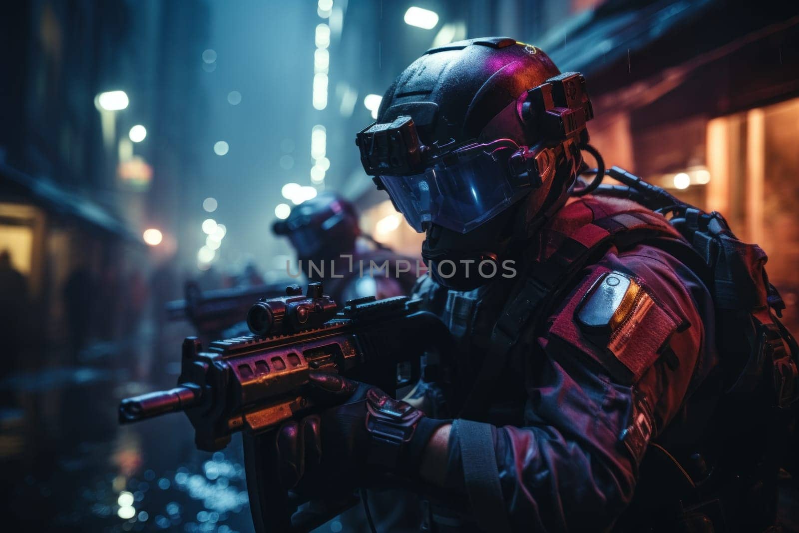 Futuristic special force soldiers, Cyberpunk warrior portrait in neon light background.